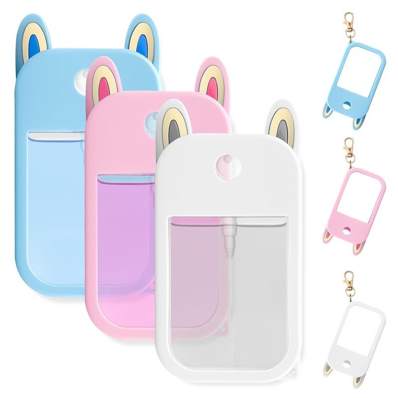 KCMOSGI 3 Pack Protective Silicone Case for Touchland Hand Sanitizer With Keychain(Fit for 1 FL OZ/30 mL Ver), Cute Ears Case Keychain(White, Pink, Blue) - Image 1